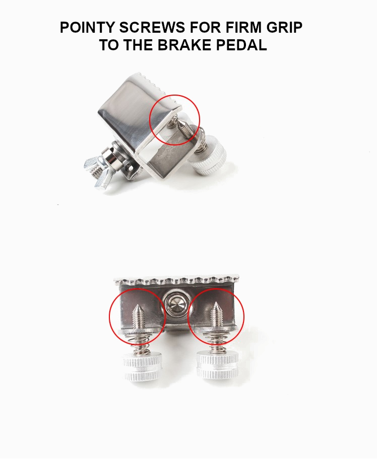 Pointy screws for firm grip to the brake pedal: close-ups of the pedal clamp