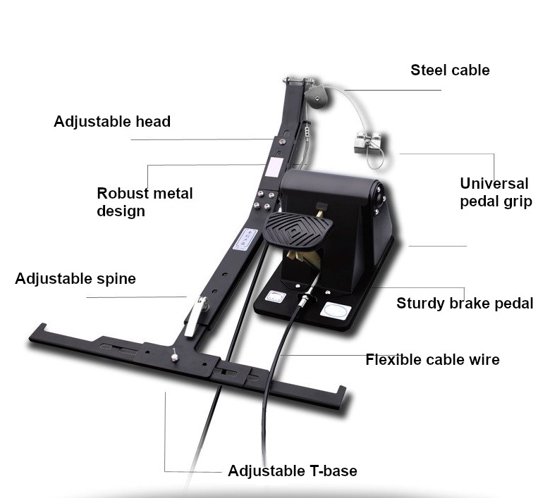 Labelled diagram of the kit: steel cable, adjustable head, robust metal design, universal pedal grip, adjustable spine, sturdy brake pedal, flexible cable wire and adjustable T-base