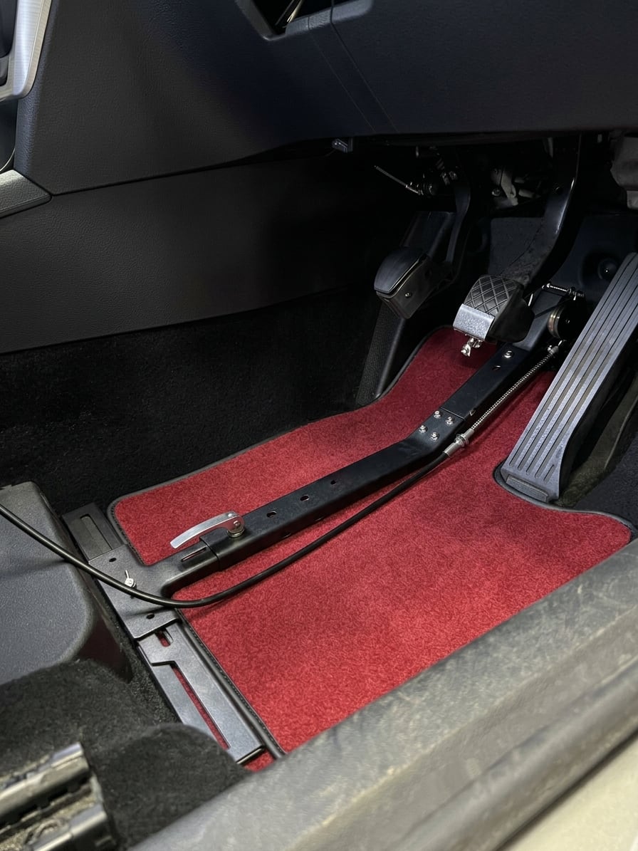 LearnerBrake fitted in a car: the adjustable spine runs across the footwell to a clamp on the driver's brake pedal