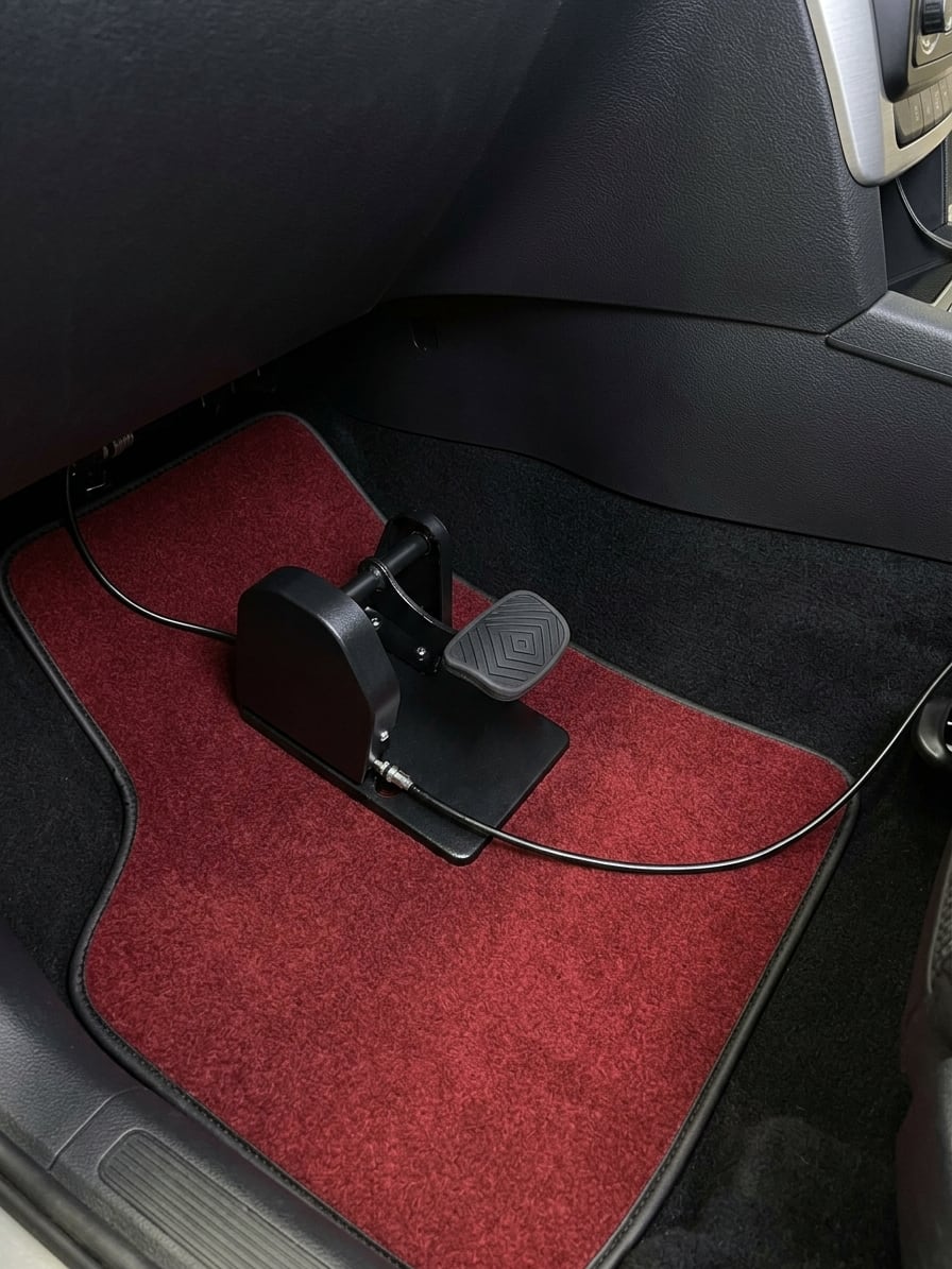 The LearnerBrake passenger pedal, black metal with a rubber pad, standing in the passenger footwell