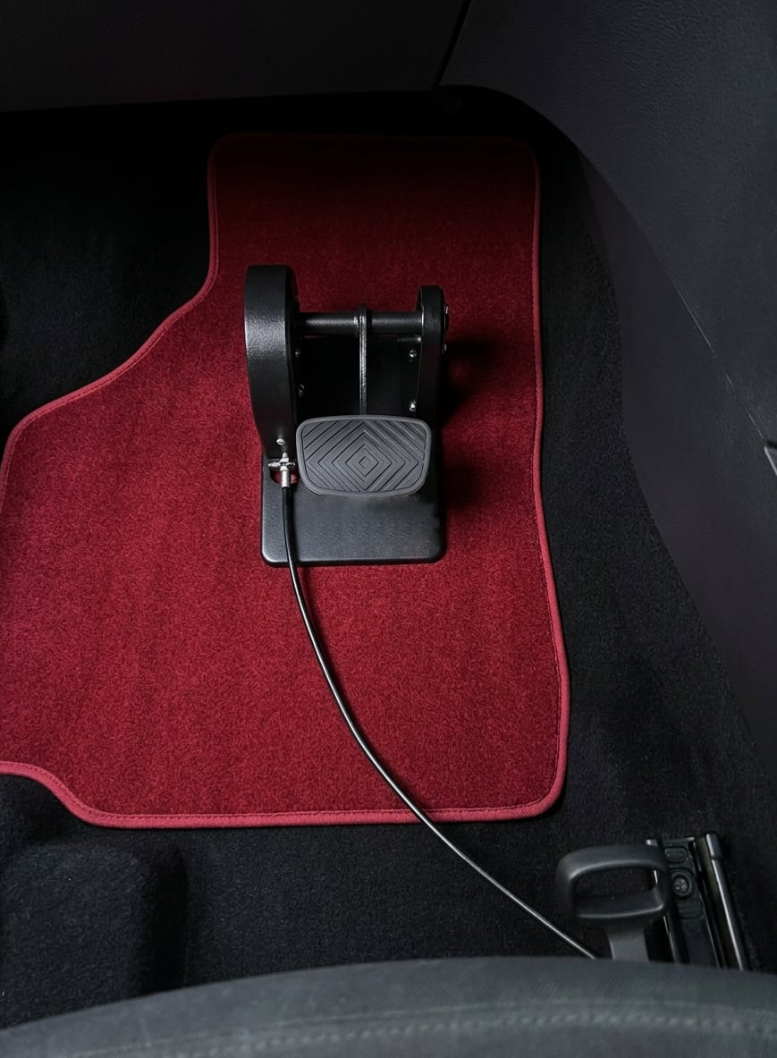 The LearnerBrake passenger pedal on a red mat in the passenger footwell, its cable running towards the driver's side